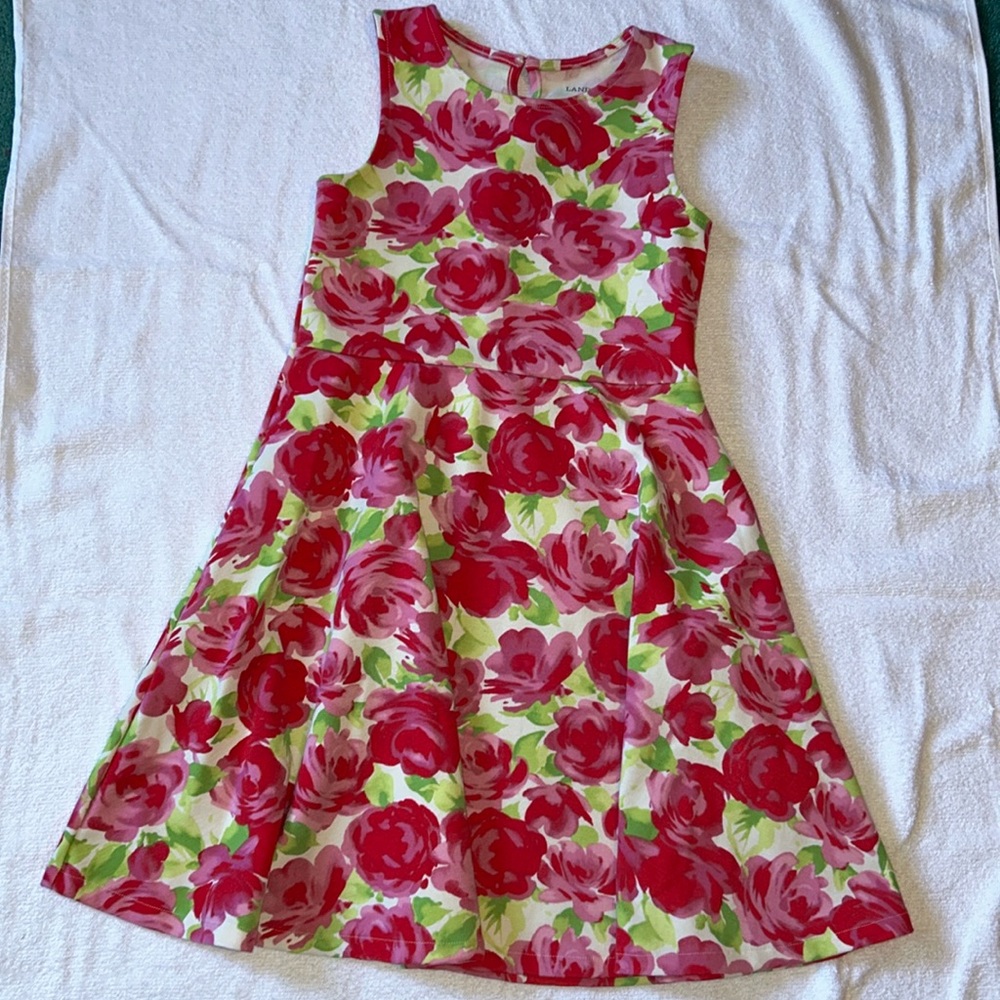 Lands End Girls Fit n Flare Sleeveless Floral Dress - Size S (7/8)